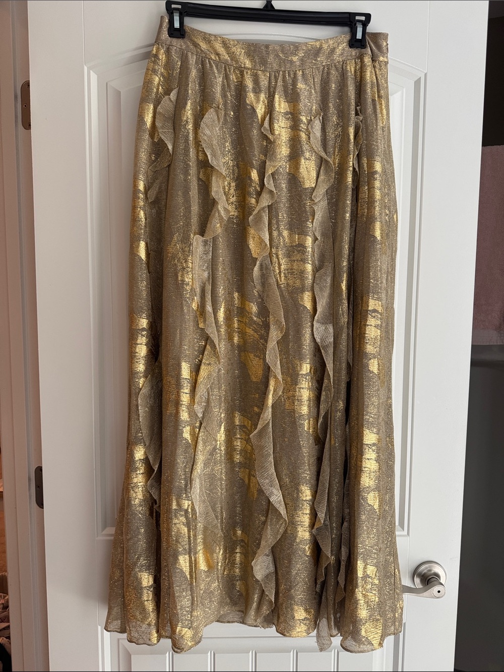 Moulinette Soeurs Gold Metallic Ruffled Maxi Skirt
